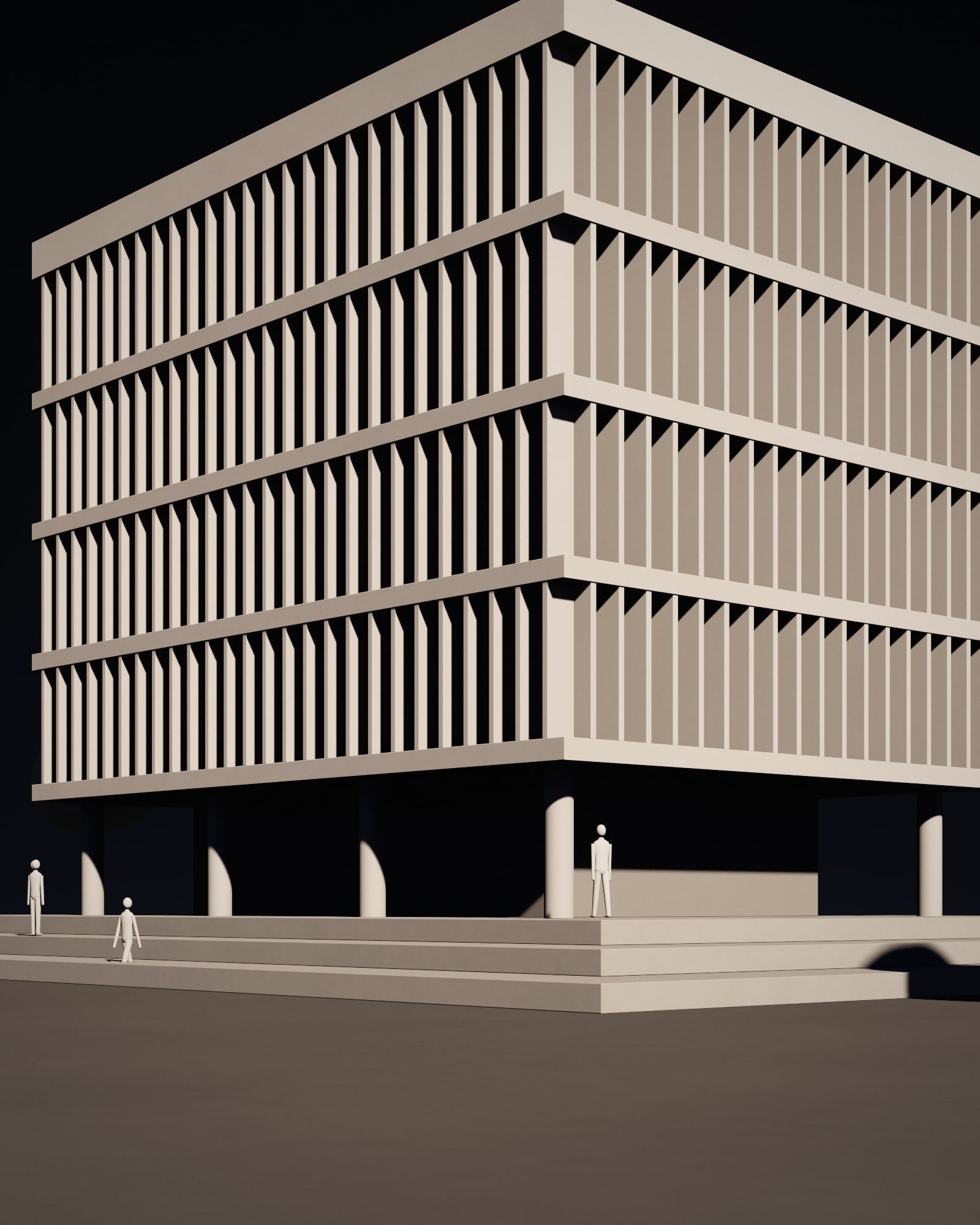 Model of a residential building wrapped in vertical fins